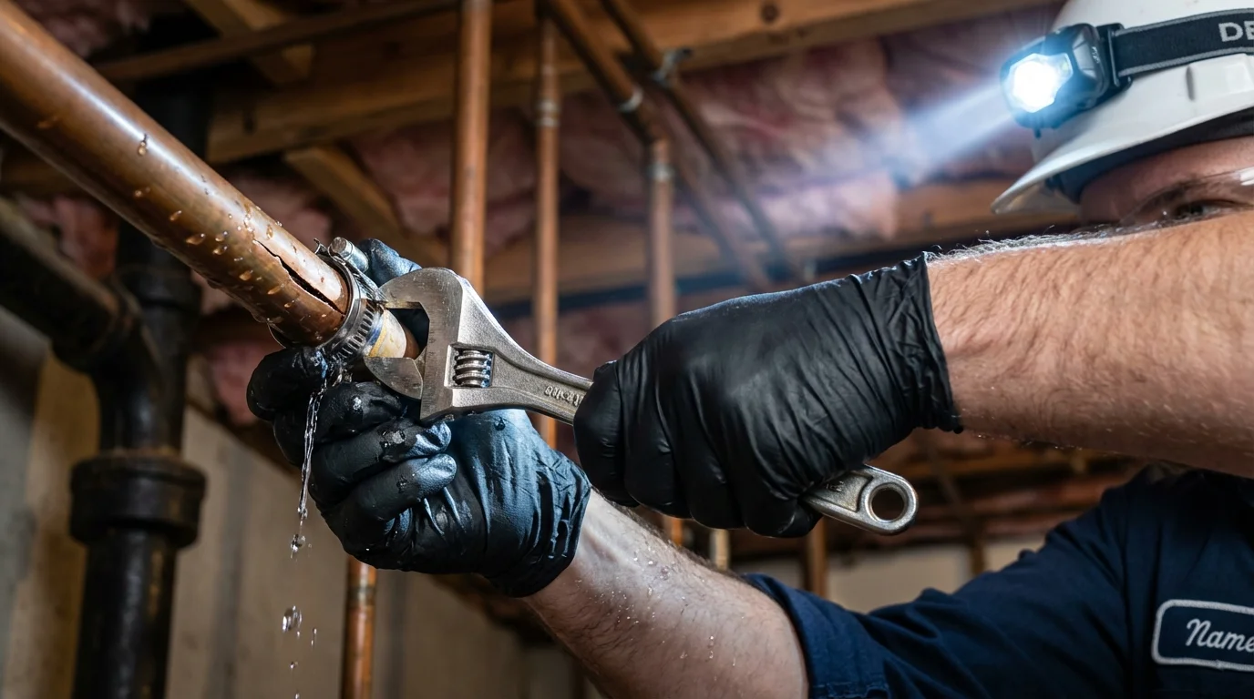 Emergency pipe clamp repair being performed by a Johns Plumbing LLC plumber in Marsing