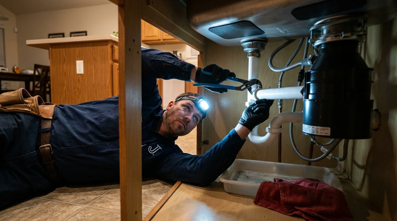 P-trap and supply line connections under a kitchen sink showing a common leak point in Marsing, ID